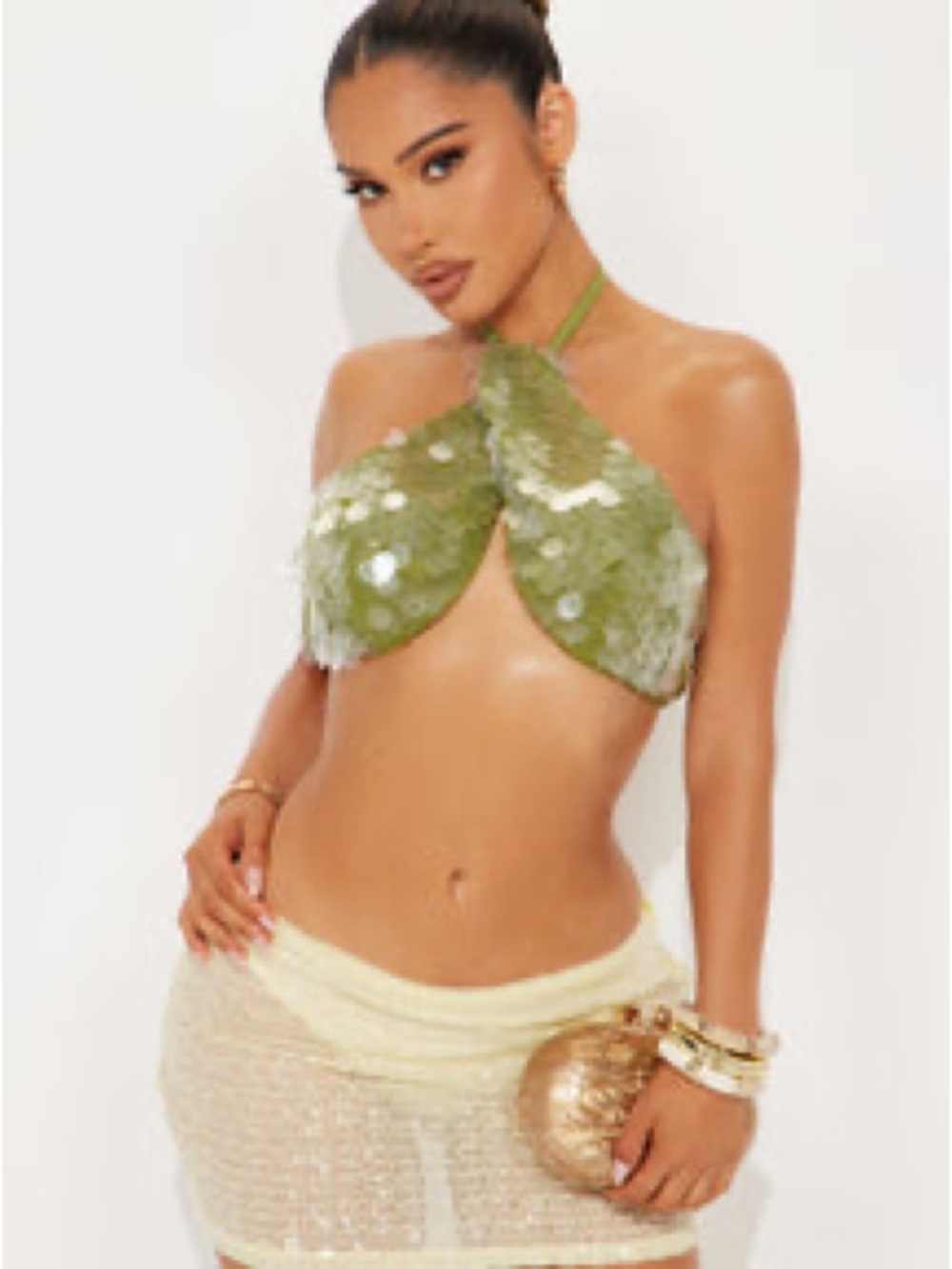 Fashion Nova Green Sequin Halter Crop Top